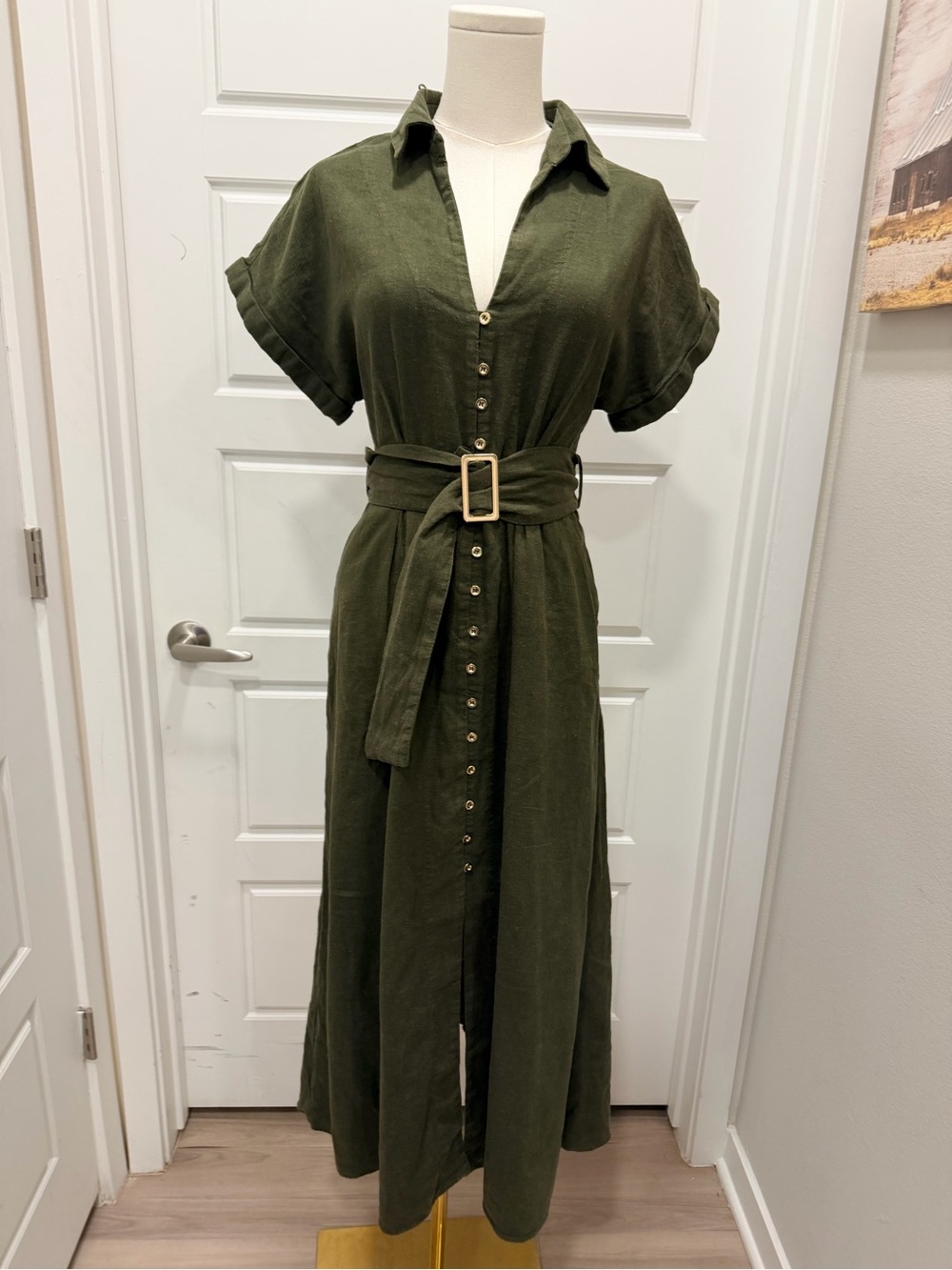 Zara Linen-Blend Olive Button-Front Shirt Maxi Dress with Belt - Picture 3 of 12